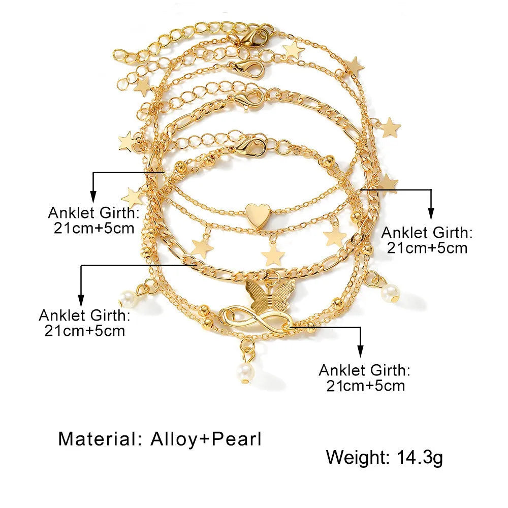Butterfly pearl heart design four-piece alloy anklet set for women with multi-layer styling options