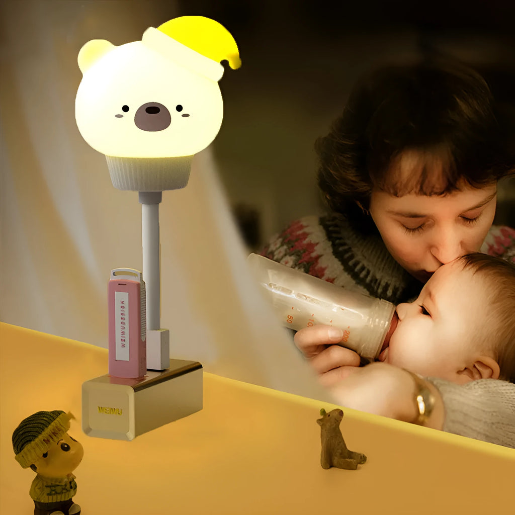 USB portable LED night light with remote control in cartoon bear design on bedside table
