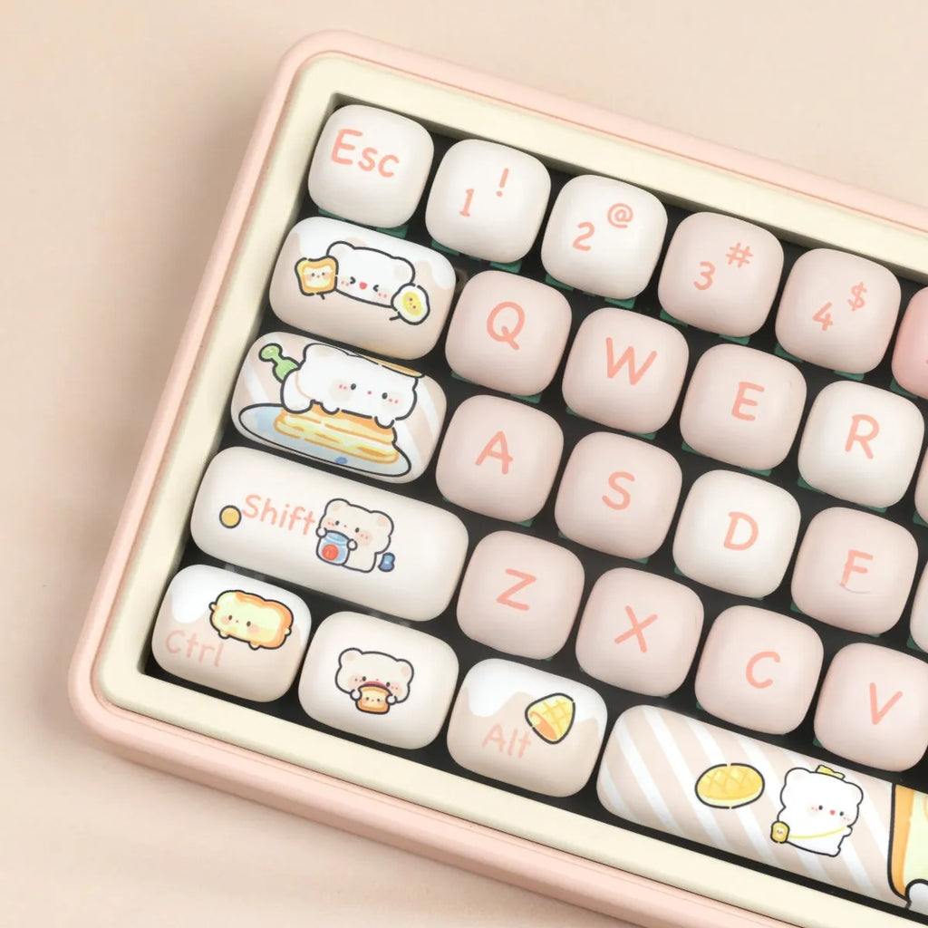 Full set of mechanical keyboard key caps with bread bear design, PBT material, thermal sublimation printing