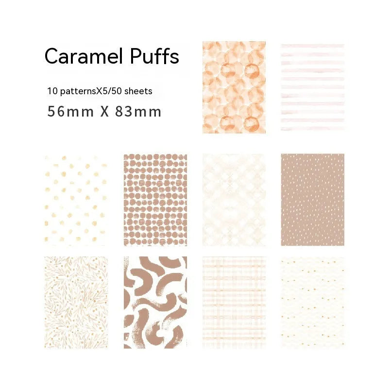 50-piece pack of retro collage dessert-themed note paper in ten colours, size 56mm by 83mm.