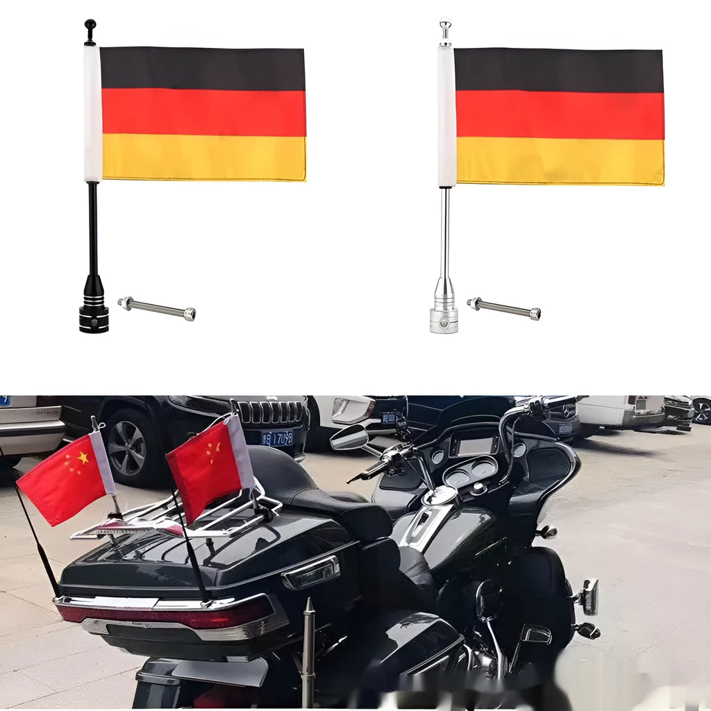 Silver electroplated tail box flagpole mounted on commercial vehicle parcel rack with German flag