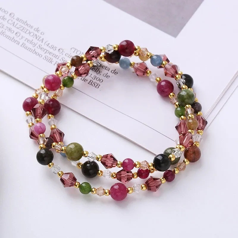 Three-ring adjustable crystal bracelet in tourmaline, strawberry quartz, or amethyst with 51-52cm length