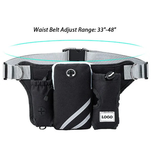 Black outdoor waist bag with dog leash and collar set for hands-free pet walking