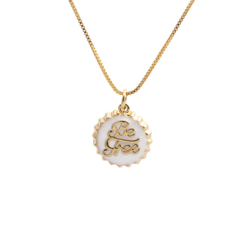 Copper bottle cap pendant necklace with gold plating on a 40cm box chain in assorted colours.