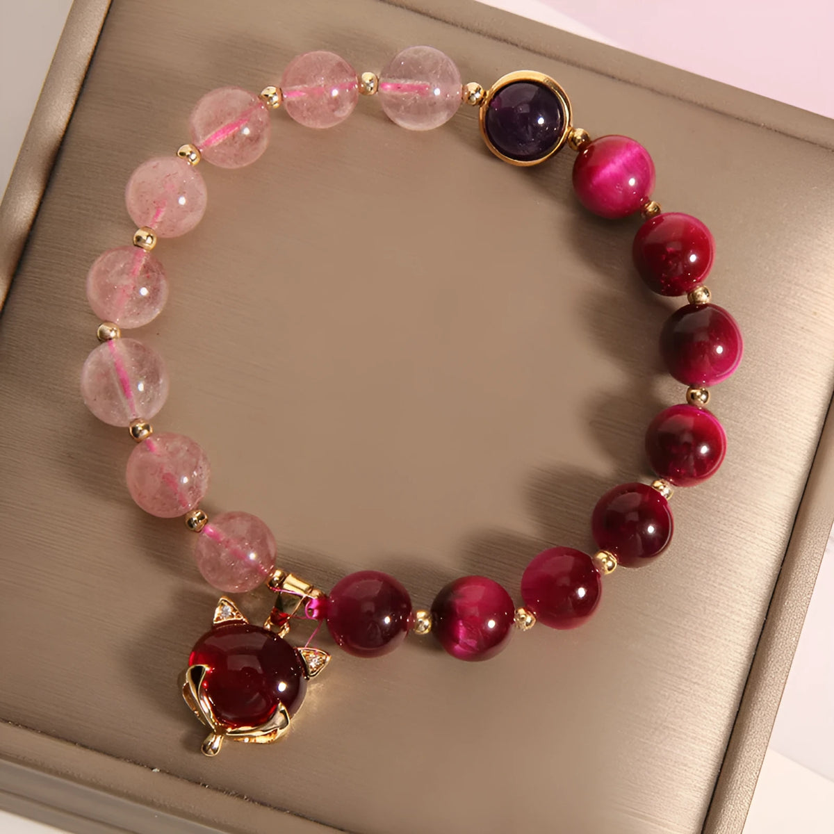 Simple strawberry crystal bead bracelet on a black elasticated rope for women