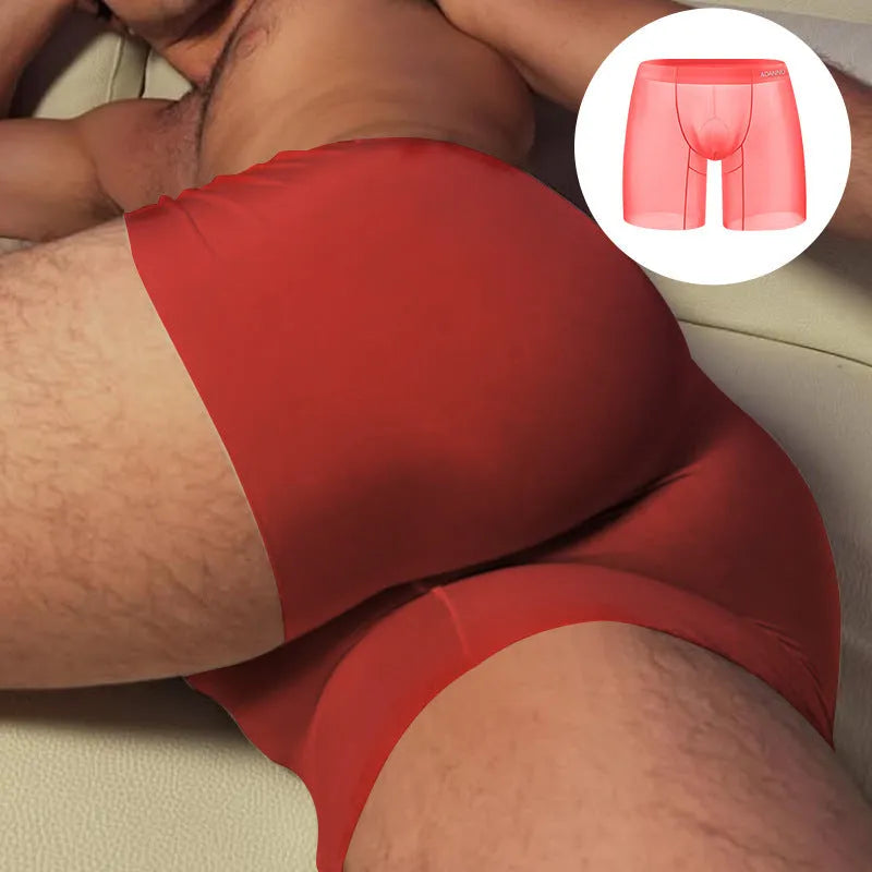 Men's seamless boxer shorts in orange, pink, or red, made from quick-drying nylon.
