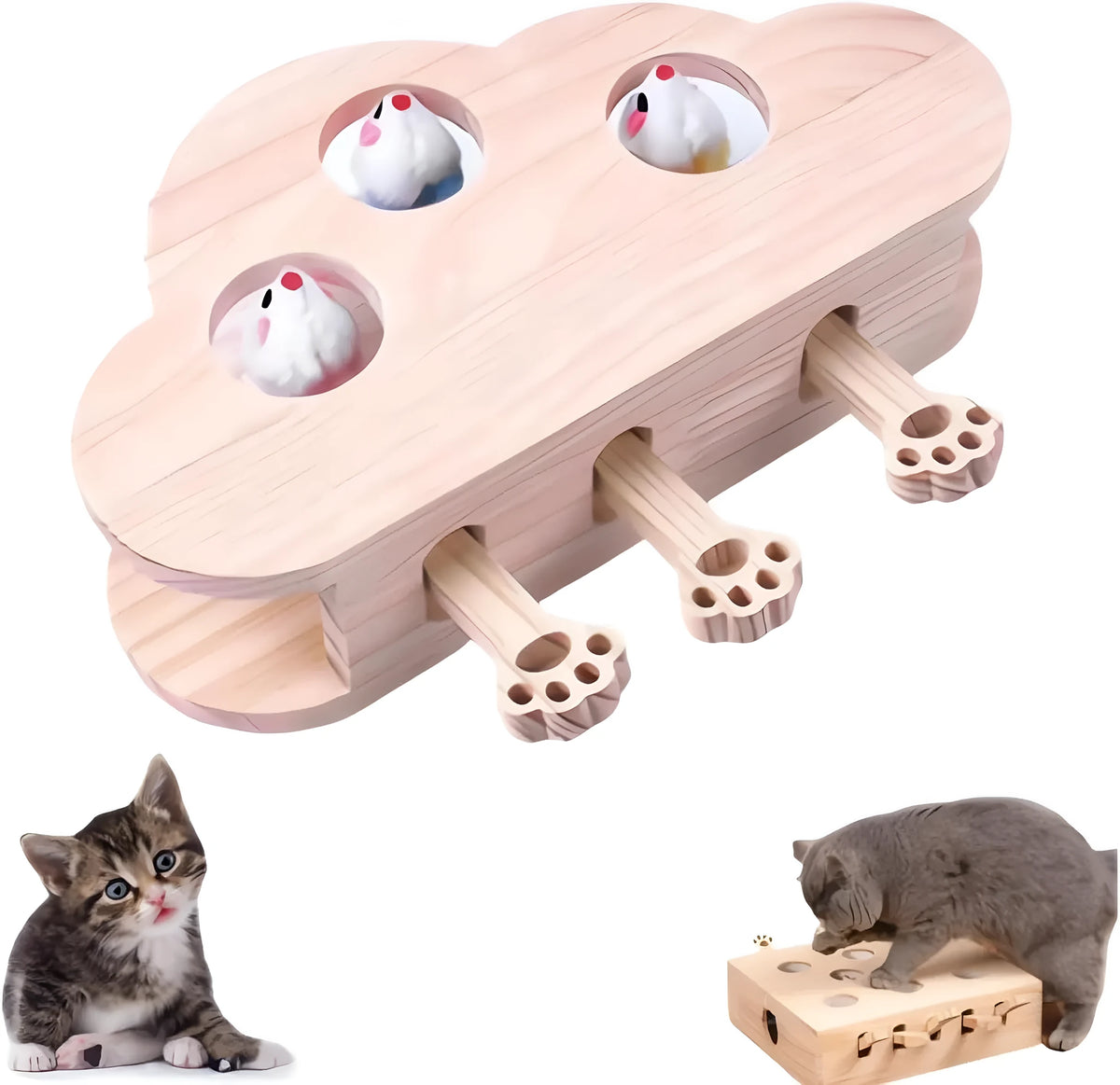 Cardboard cat scratcher and whack-a-mole toy in cloud gopher design for indoor adult cats