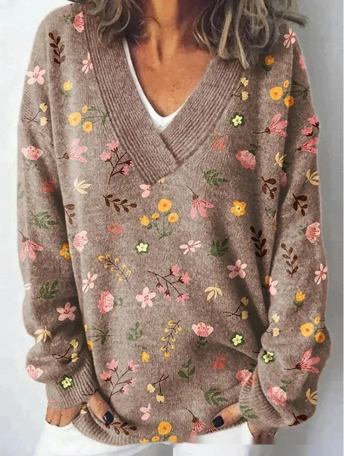 Women's V-neck sweatshirt with 3D floral pattern print in polyester fabric