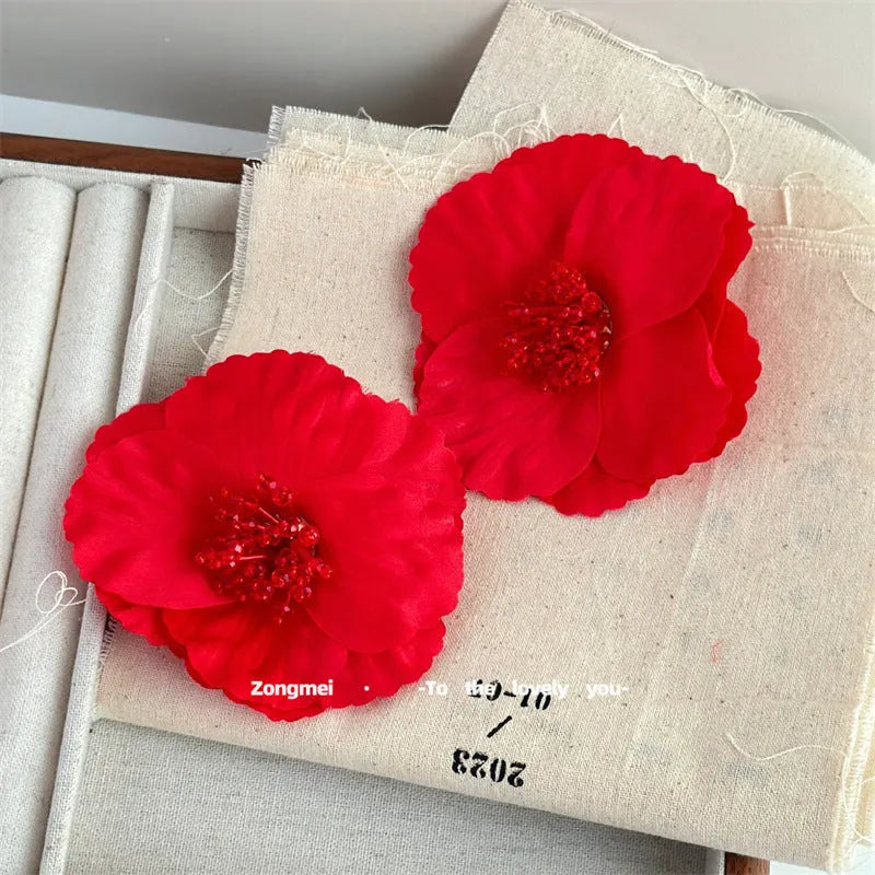 European American exaggerated handmade flower earrings for women, red steel needle pairs, handwoven mixed material floral design