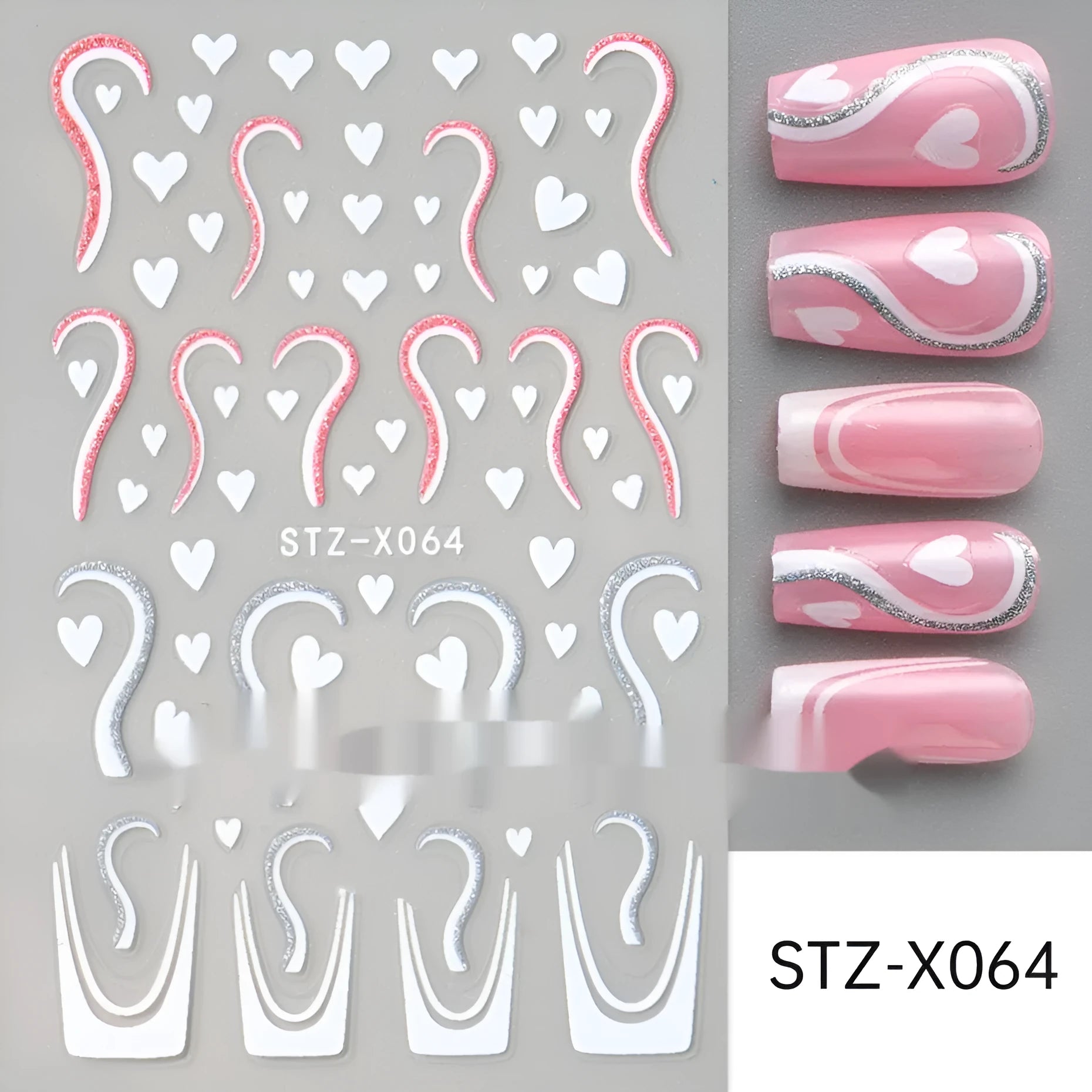 Cartoon-themed nail art sticker sheet with black and silver strip patterns and love motifs