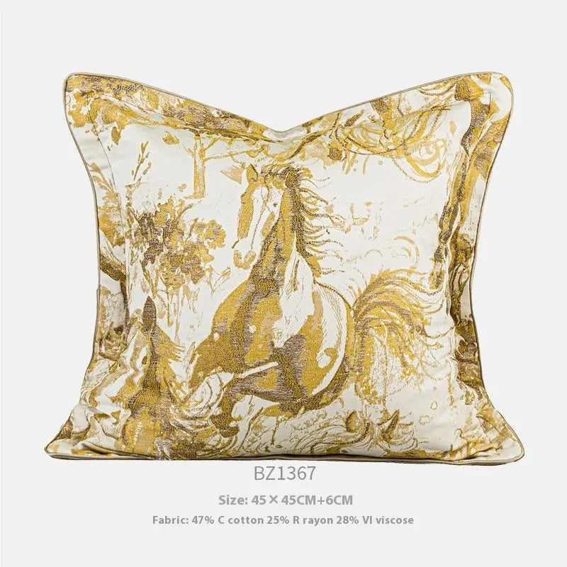 Abstract horse motif jacquard cushion in square and waist sizes with black, gold, and purple colour options