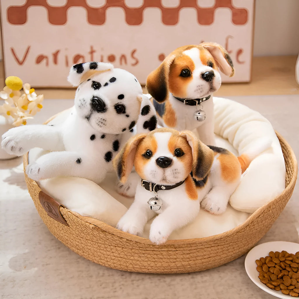 Simulation puppy plush doll in husky, spotty dog, Akita or Beagle design, 25cm or 32cm, lying sitting or standing
