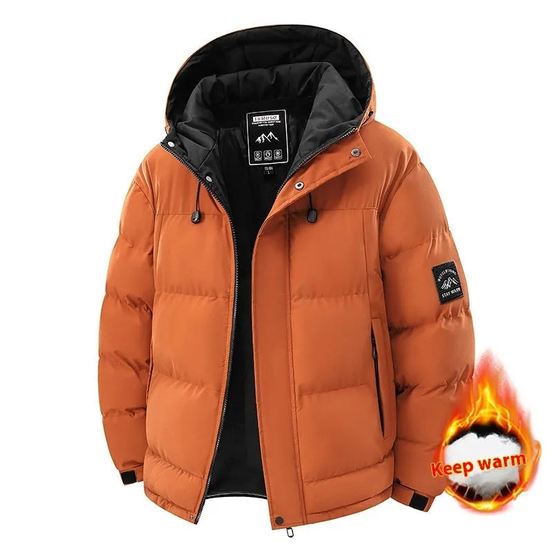 Men's hooded thickened cold-proof coat with polyester filling in black, front view, loose fit