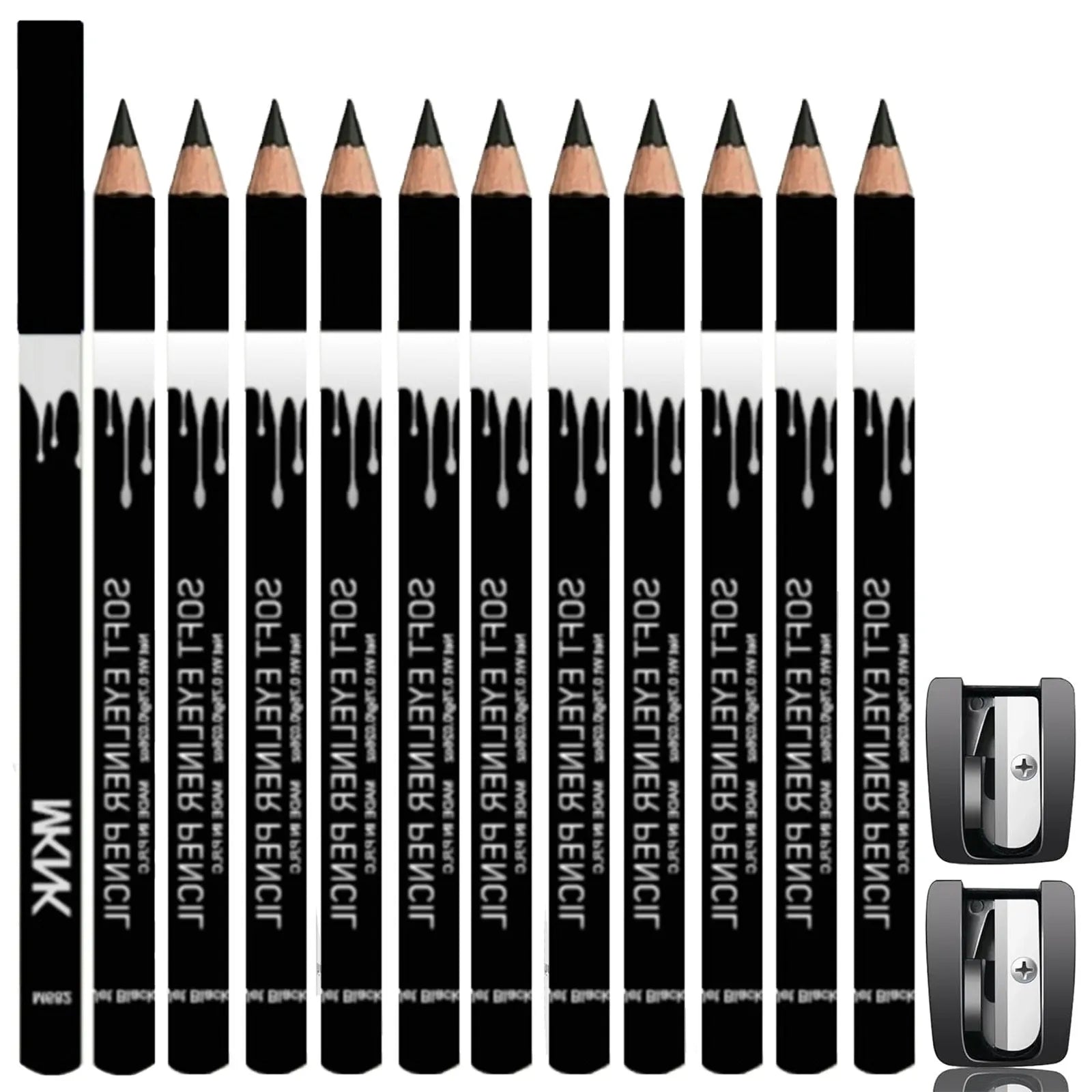 12 black and white waterproof eyeliner pencils with sharpener for eyebrows, eyeshadow and lips