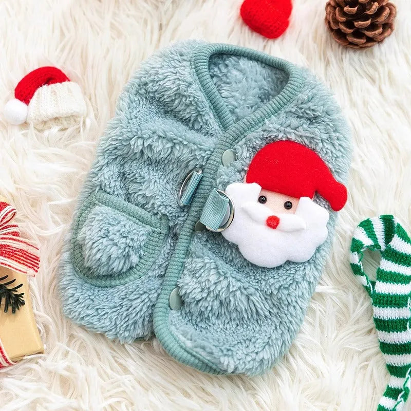 Plush warm dog coat jacket for small breeds, fleece material, Santa Claus design, sizes S and XS