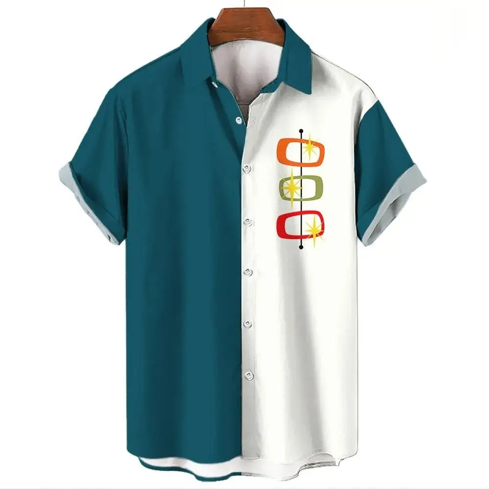 Man wearing a striped short sleeve Hawaiian shirt with button front.