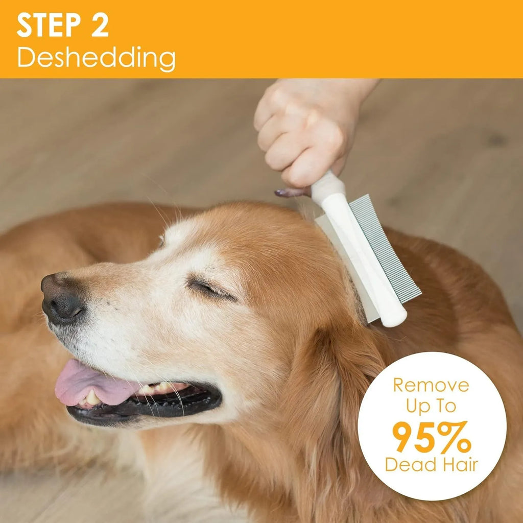 White double-sided dog and cat grooming brush with curved comb and deshedding brush sides.