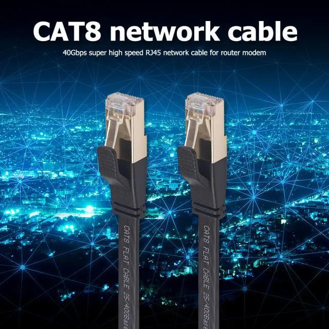 Cat8 SFTP Ethernet cable with gold-plated RJ45 connectors in black