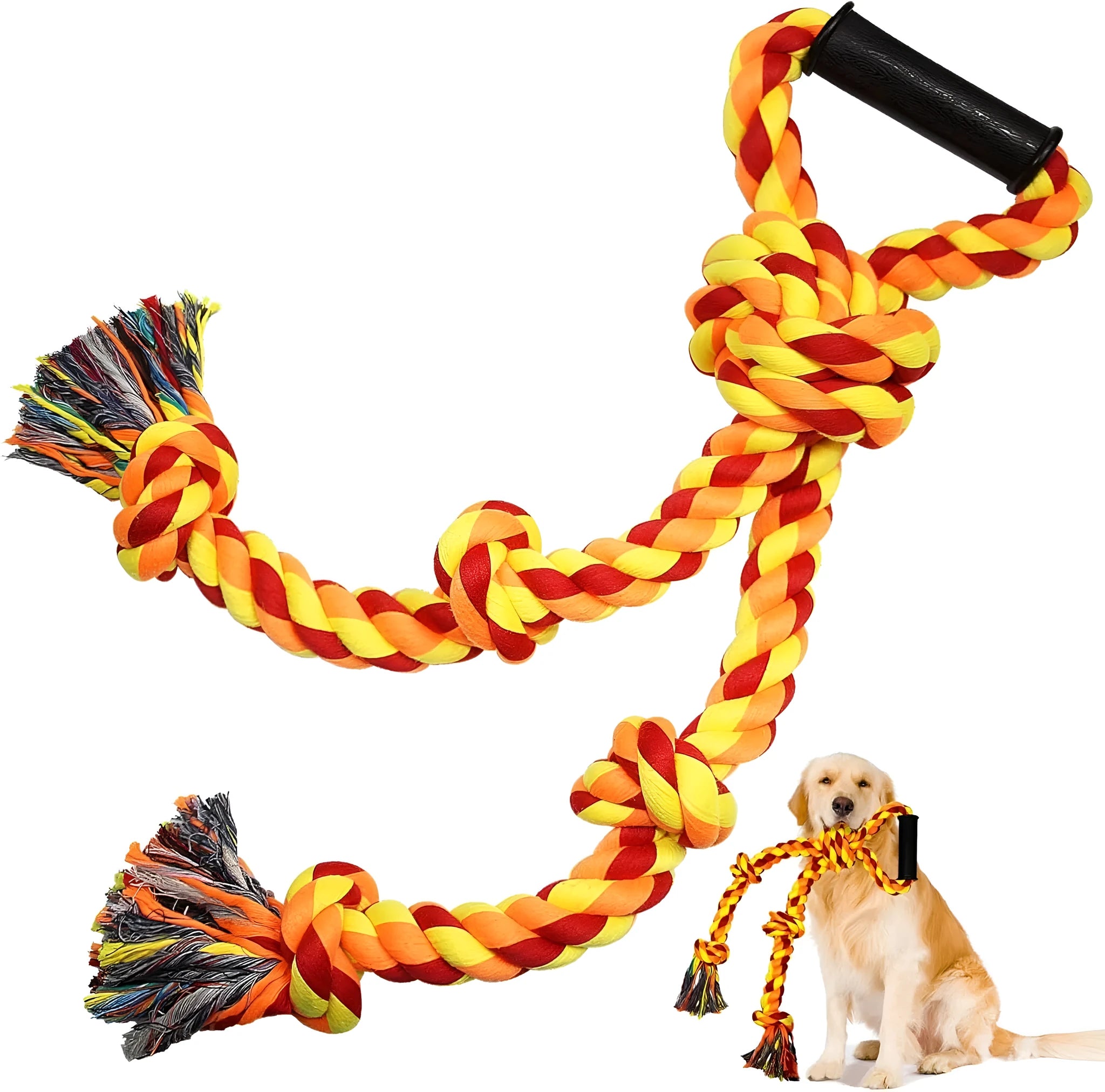 Blue and yellow durable cotton dog rope tug toy with a non-slip handle for large breeds.