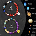 Two natural stone beaded bracelets with engraved zodiac charms on a 20cm elastic band.