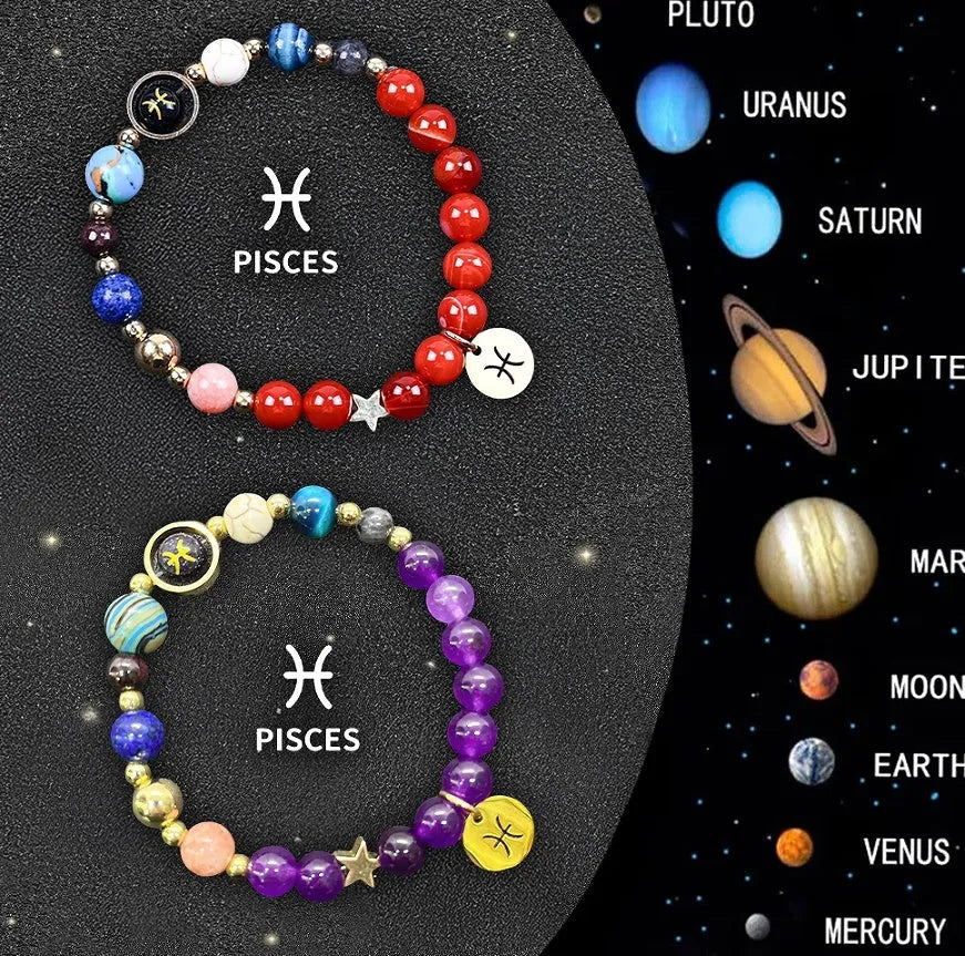 Two natural stone beaded bracelets with engraved zodiac charms on a 20cm elastic band.