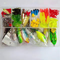 142-piece fishing lure set with metal pliers, hard minnow lures, and sequins in assorted colours