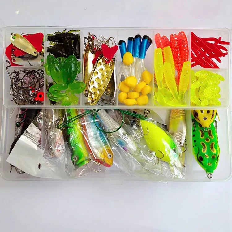 142-piece fishing lure set with metal pliers, hard minnow lures, and sequins in assorted colours