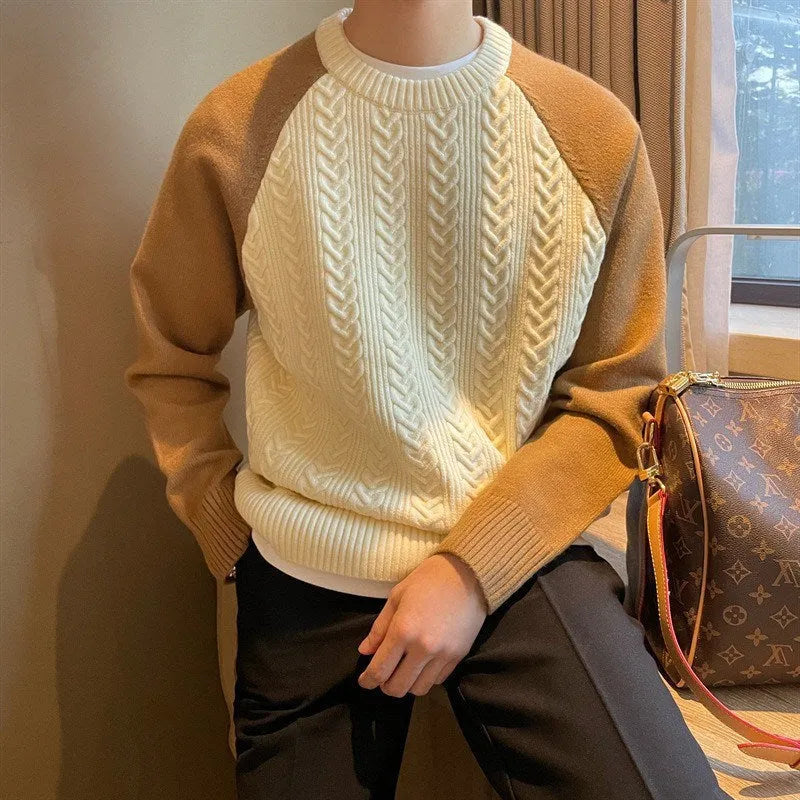 Men's thickened cable knit colour-blocked pullover sweater with long sleeves and round neck in apricot and blue