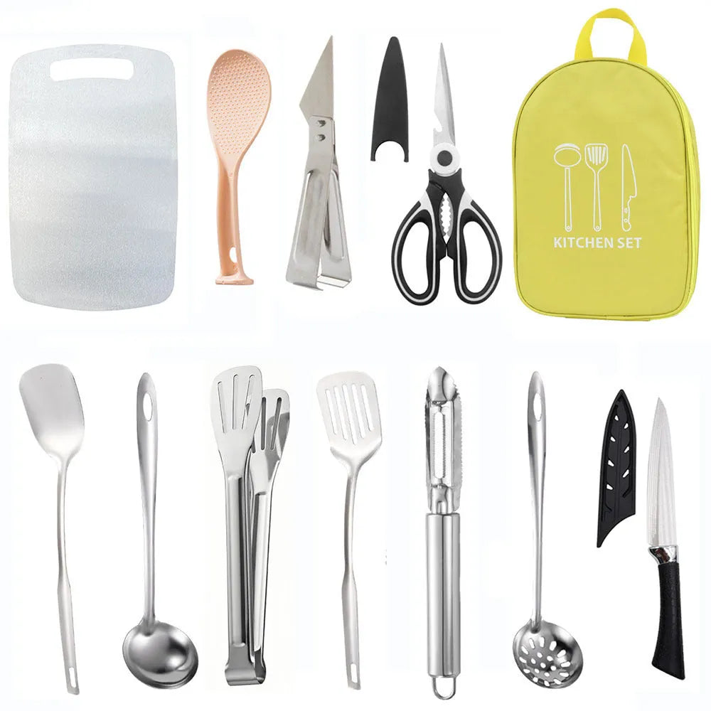 12-piece stainless steel picnic kitchenware set with knives, forks, spoons in portable storage bag