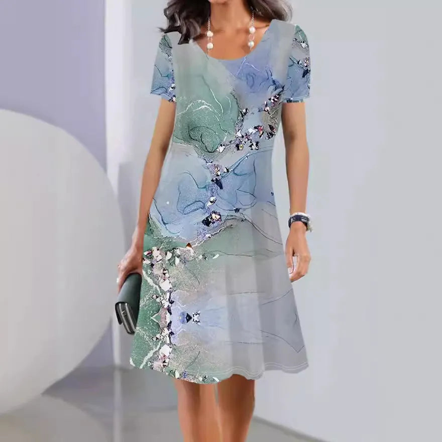 Women's Ice Silk floral print midi dress with short sleeves and an A-line skirt on a hanger.