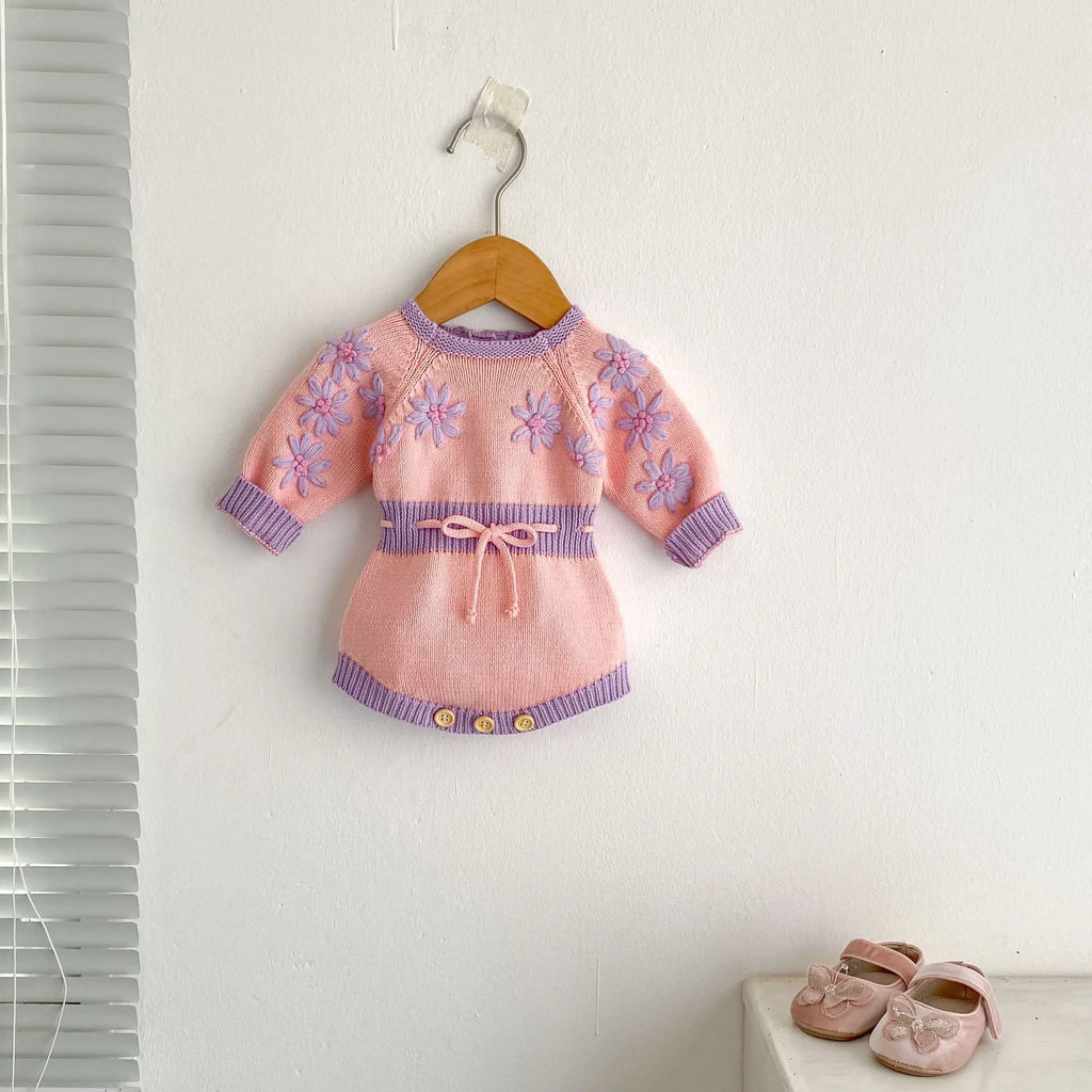 Handmade embroidery long sleeve baby girl jumpsuit in Good Pink cotton, triangle pullover style
