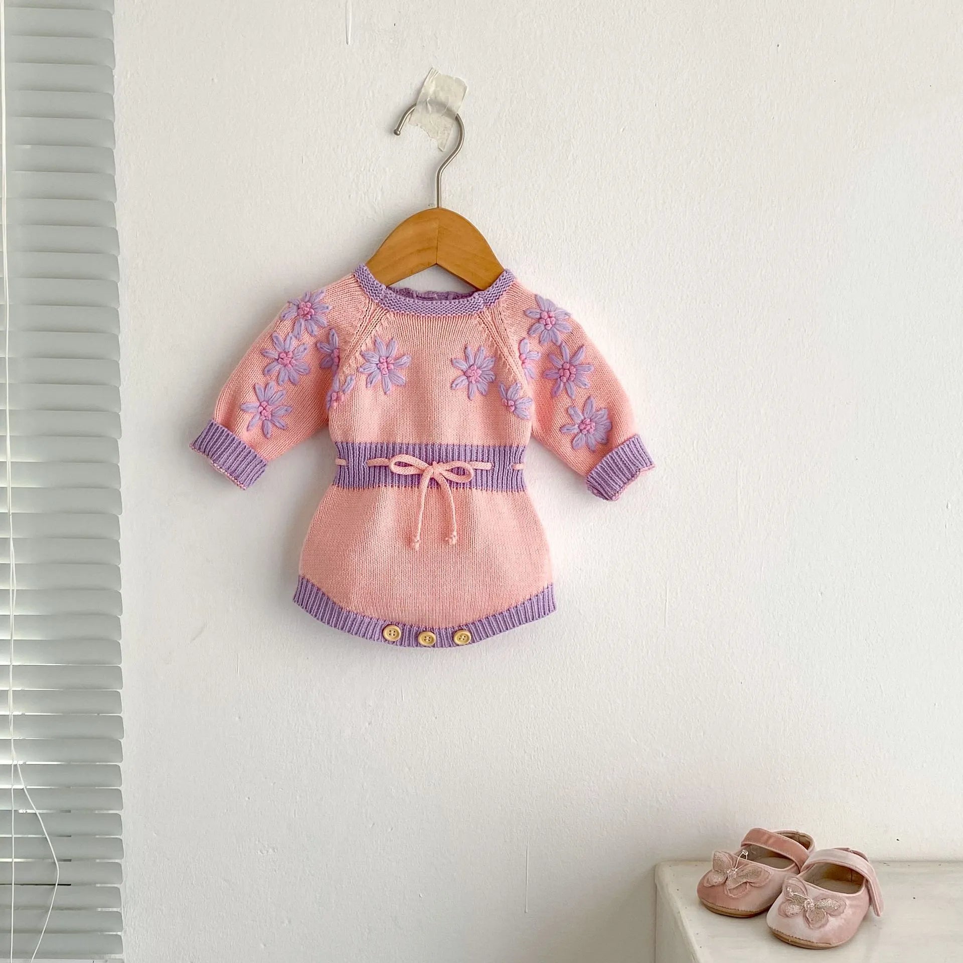 Handmade embroidery long sleeve baby girl jumpsuit in Good Pink cotton, triangle pullover style