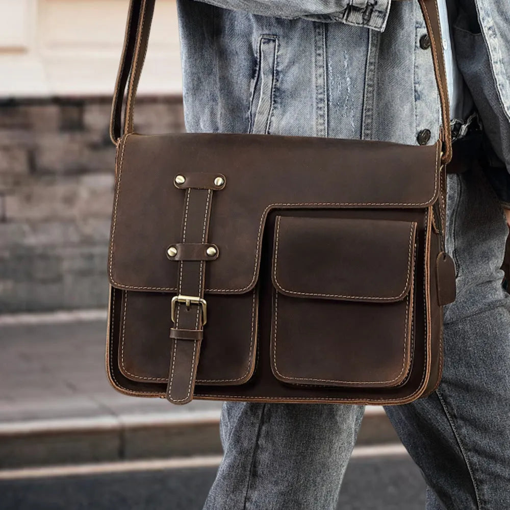 Top layer cowhide leather single-shoulder crossbody bag for men, solid colour Brown 209, retro style