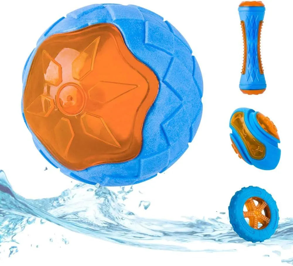 Set of three TPR dog toys: a squeaky ball, barbell, and floating tyre for pool fetch play