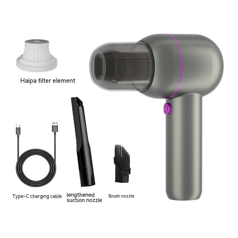 Grey handheld portable car vacuum cleaner with rechargeable battery and included nozzles