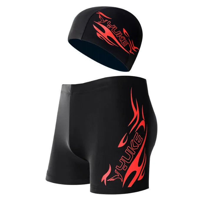 Men's plus size polyester swimming trunks with blue fire flame pattern on black background