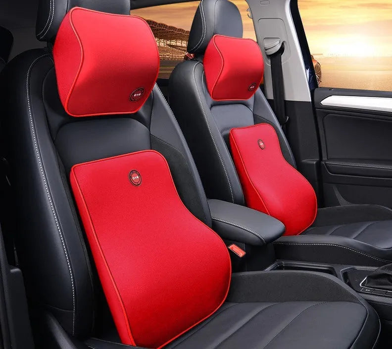 Car headrest neck protector and waist support set in black, coffee, grey or red, bamboo charcoal memory cotton, 0.9kg