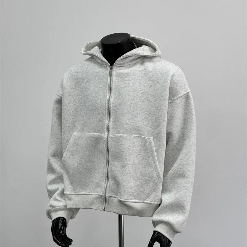 Men's hooded coat with back schoolbag design in light gray or black, polyester cotton blend, Asian sizes M to 4XL