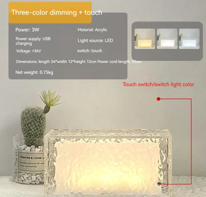 Geometric acrylic night lamp with colour-changing LED illumination on dark surface