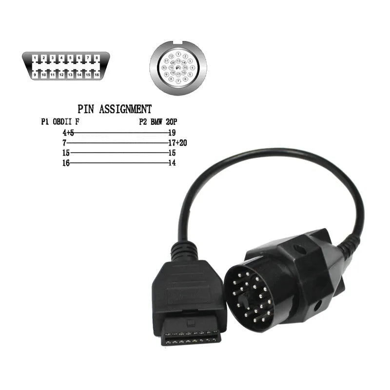 OBD2 adapter cable with black BMW 20-pin male connector and standard 16-pin female OBD2 connector