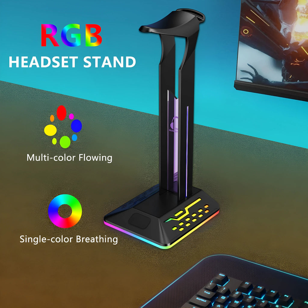 RGB colour-changing headset display bracket with integrated dual USB ports on the base.