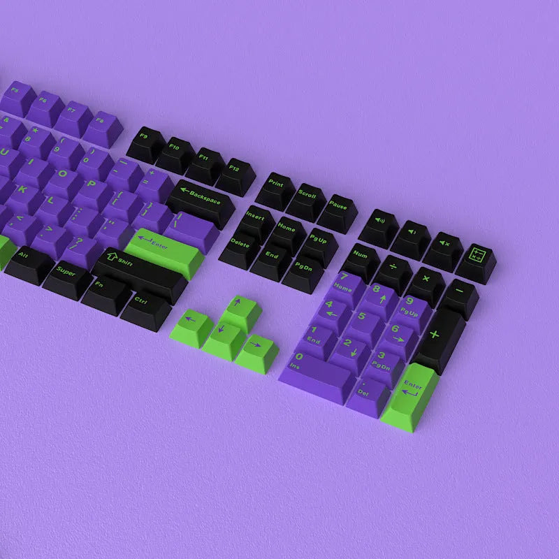 Positive engraved small full set 126 two-colour keycaps for mechanical keyboards in black and purple