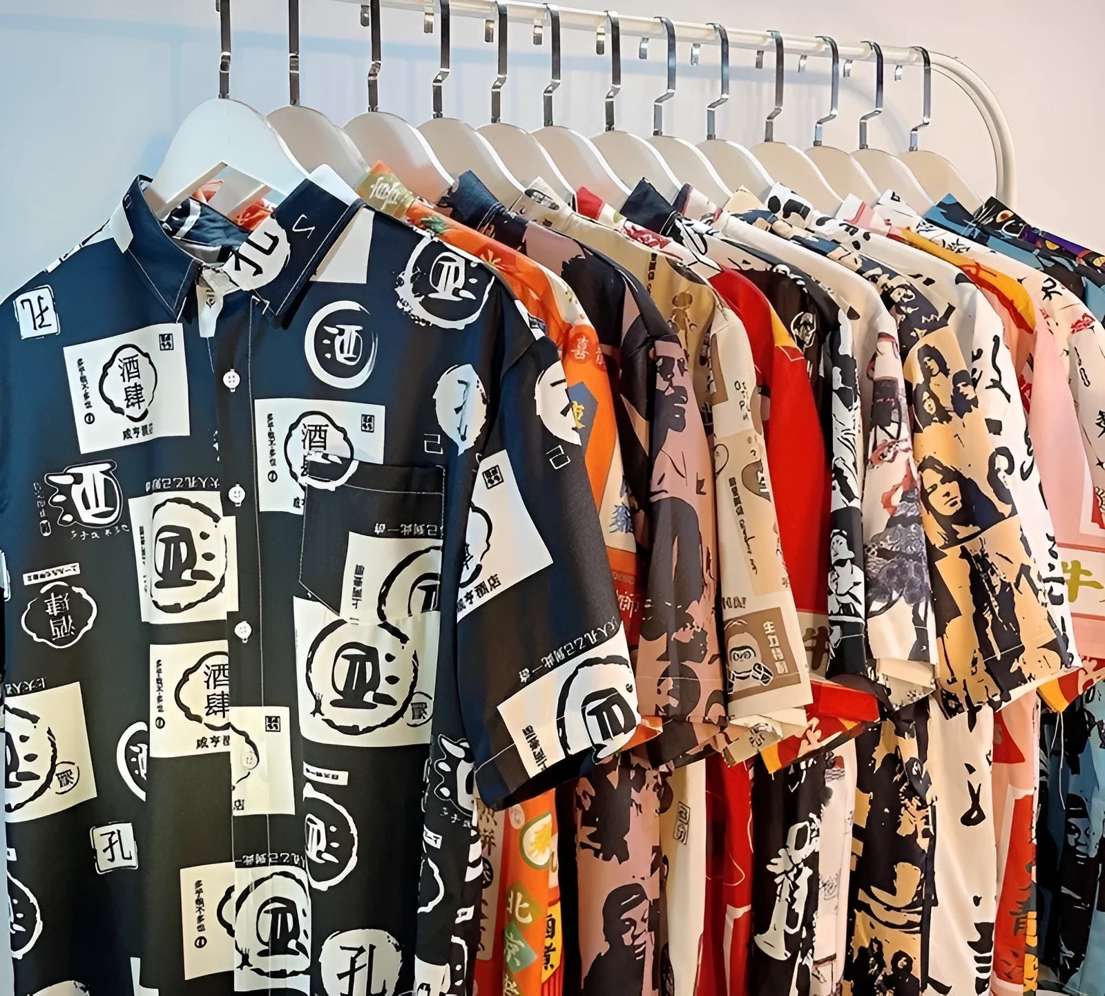 A loose short sleeve floral print cardigan-style shirt on a hanger.