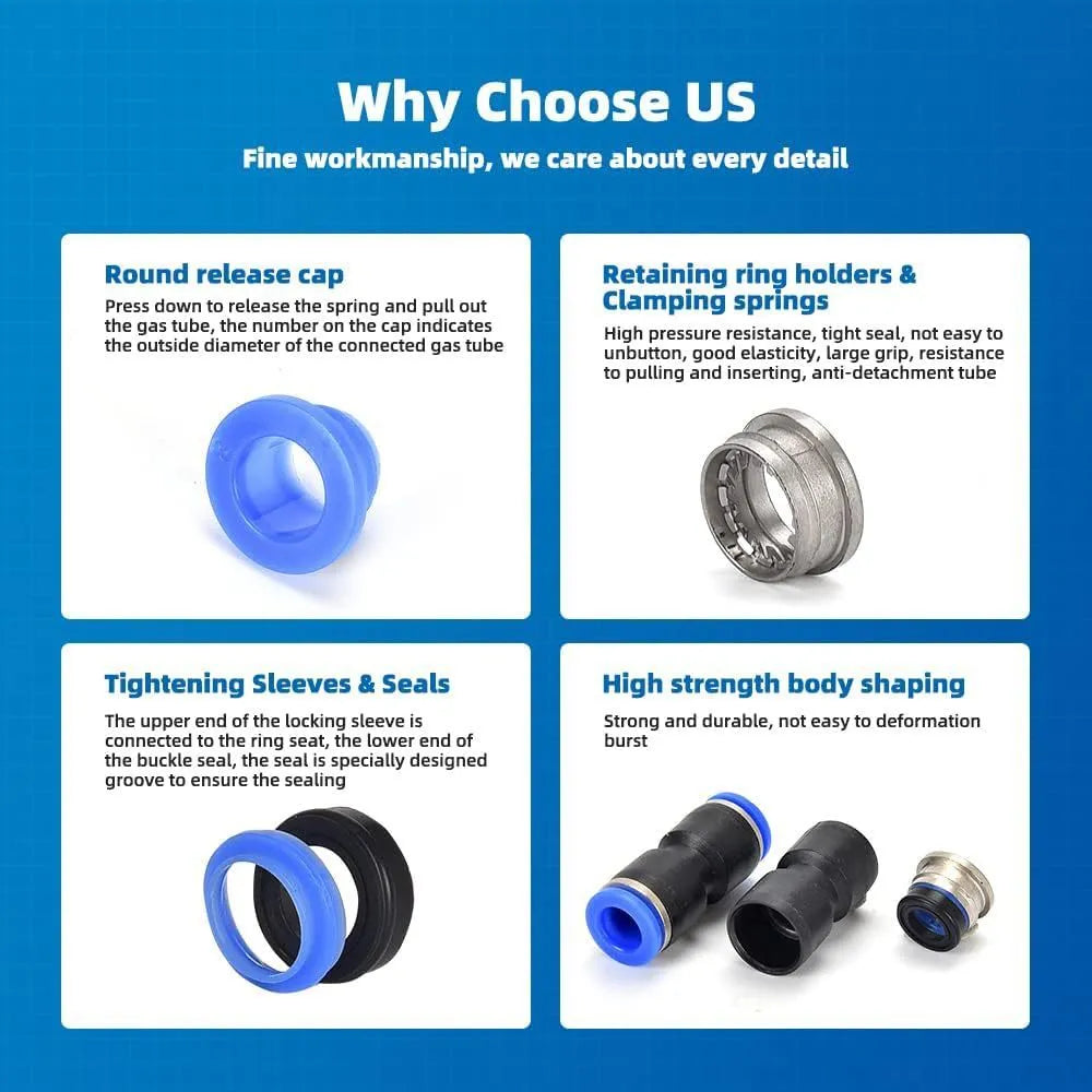 Assortment of 60 quick-connect pneumatic push-in fittings with R1/4 and R1/2 threads.