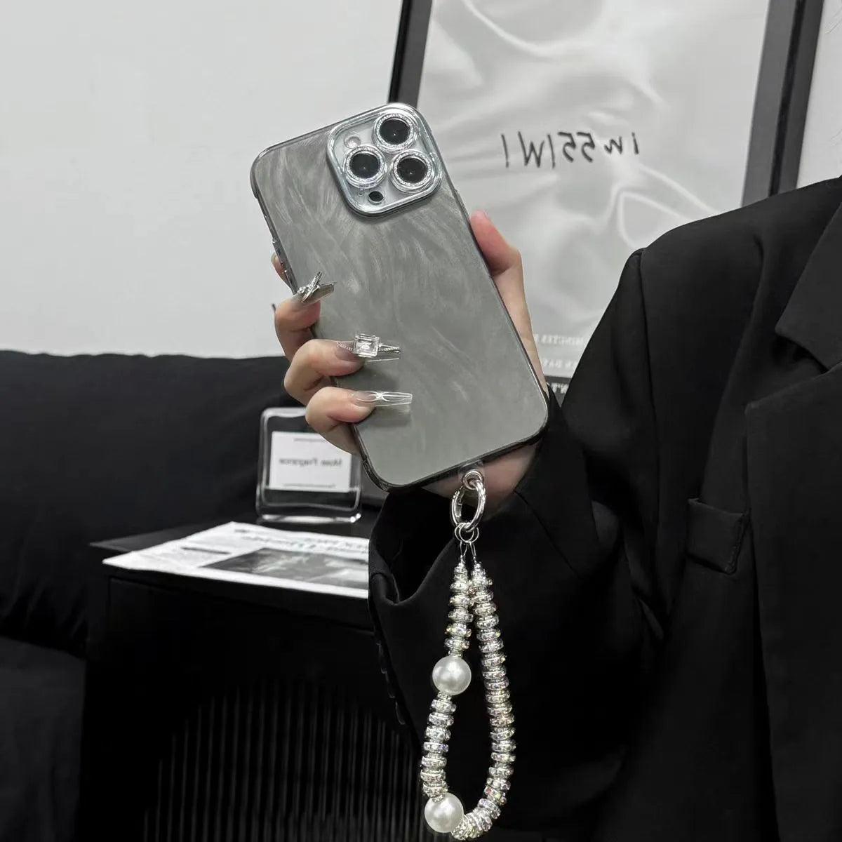 Glitter lens protector phone case in black or silver grey for Apple iPhone, shockproof all-inclusive IMD cartoon style
