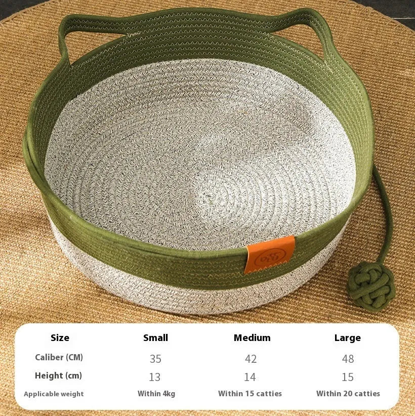 A grey woven cloth cat nest bed with visible cotton string stitching, shown in a medium size.