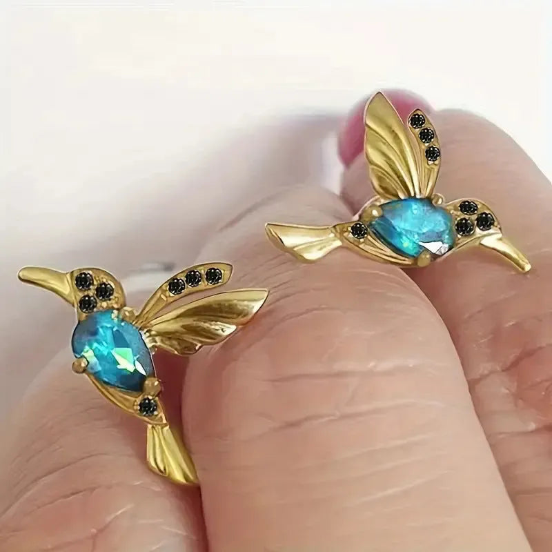 Bird hanging long earrings with electroplated zirconium wings in red, blue and red lvzuan colours