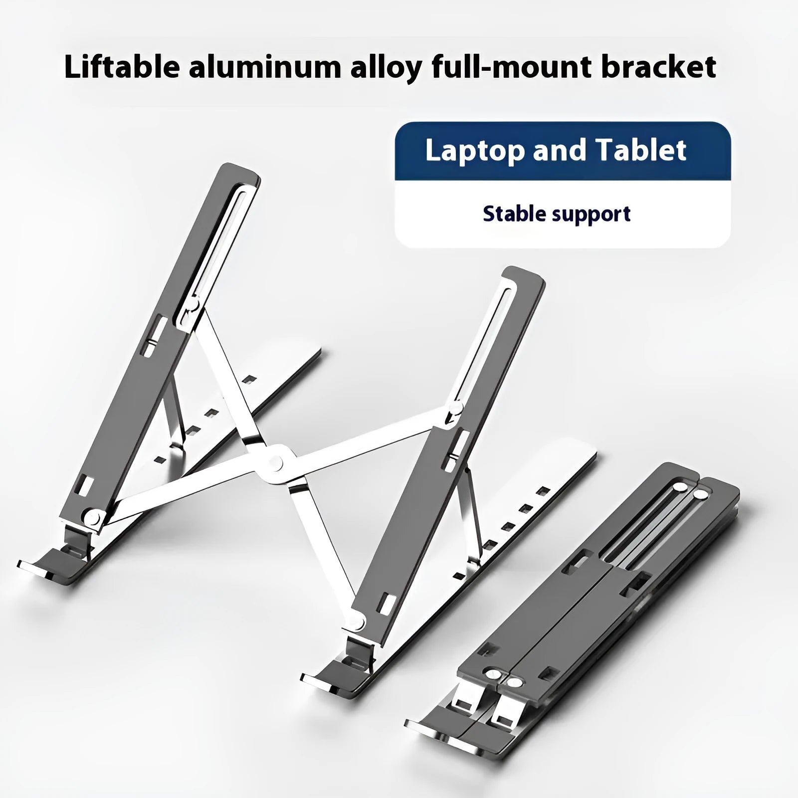 Silver aluminium alloy folding laptop stand shown supporting a laptop, with a black cloth storage bag beside it.