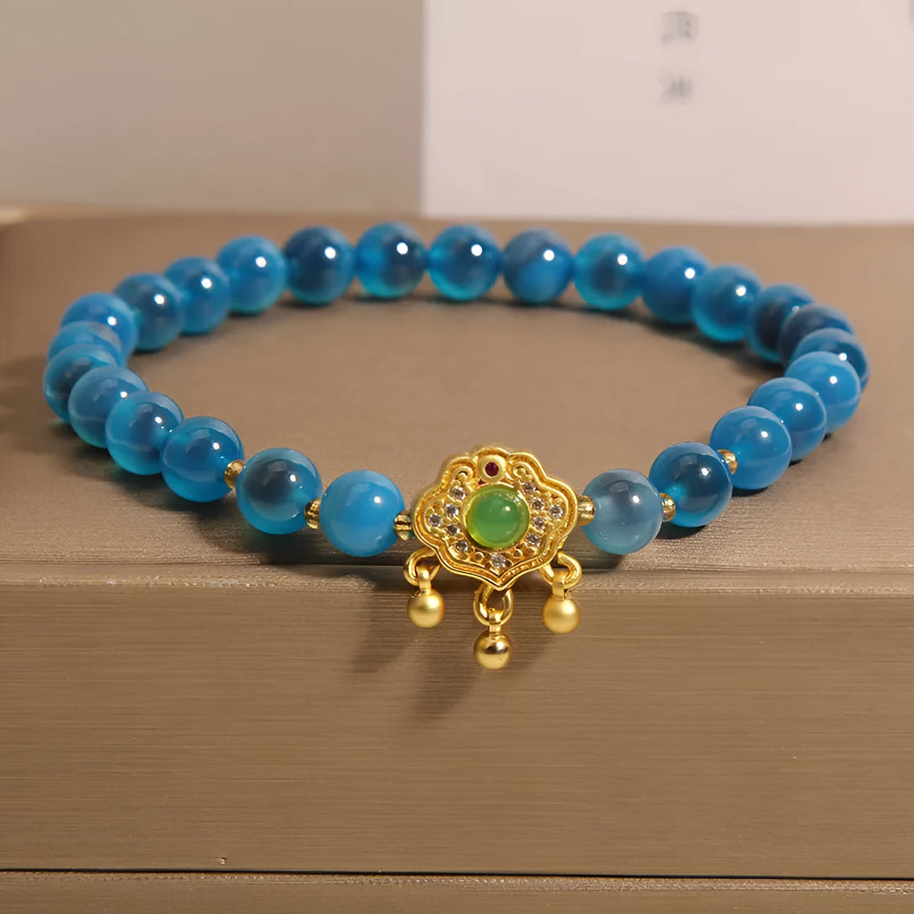 Blue sugar heart agate safety lock pendant women's bracelet with alloy inlay and rhinestones