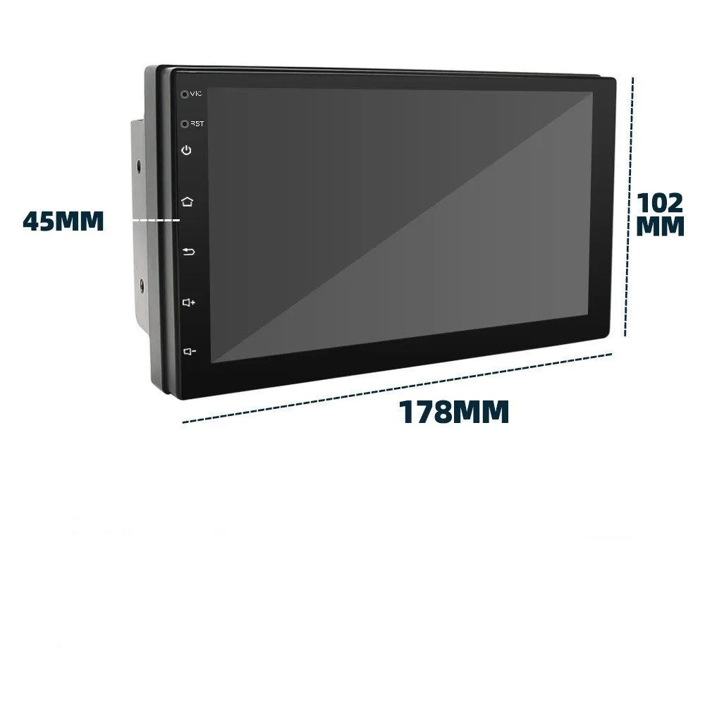 Black universal in-car MP5 player with 7-inch touchscreen for GPS navigation, CarPlay, and Android Auto.
